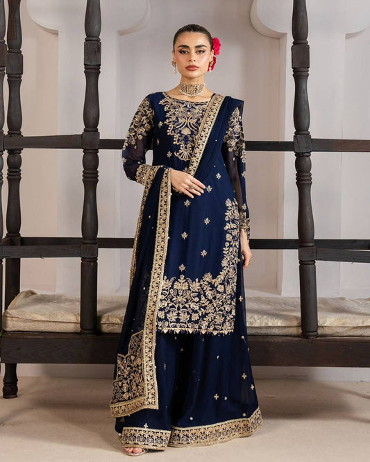 Mughal Blue GMY Silk Sequence Embroidered Top and Plazzo Set with Dupatta