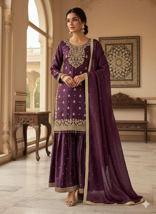 Heirloom Purple GMY Silk Sequence Embroidered Sharara Set with Bead Work Dupatta