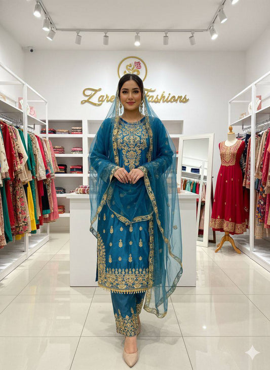 Peacock Blue Chinon Padded Sequence Embroidered Top and Plazzo Set with Butterfly Net Dupatta