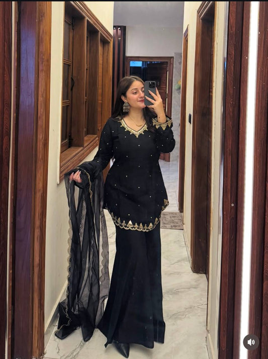 Midnight Black Roman Silk Embroidered Top and Plazzo Set with Matching Dupatta