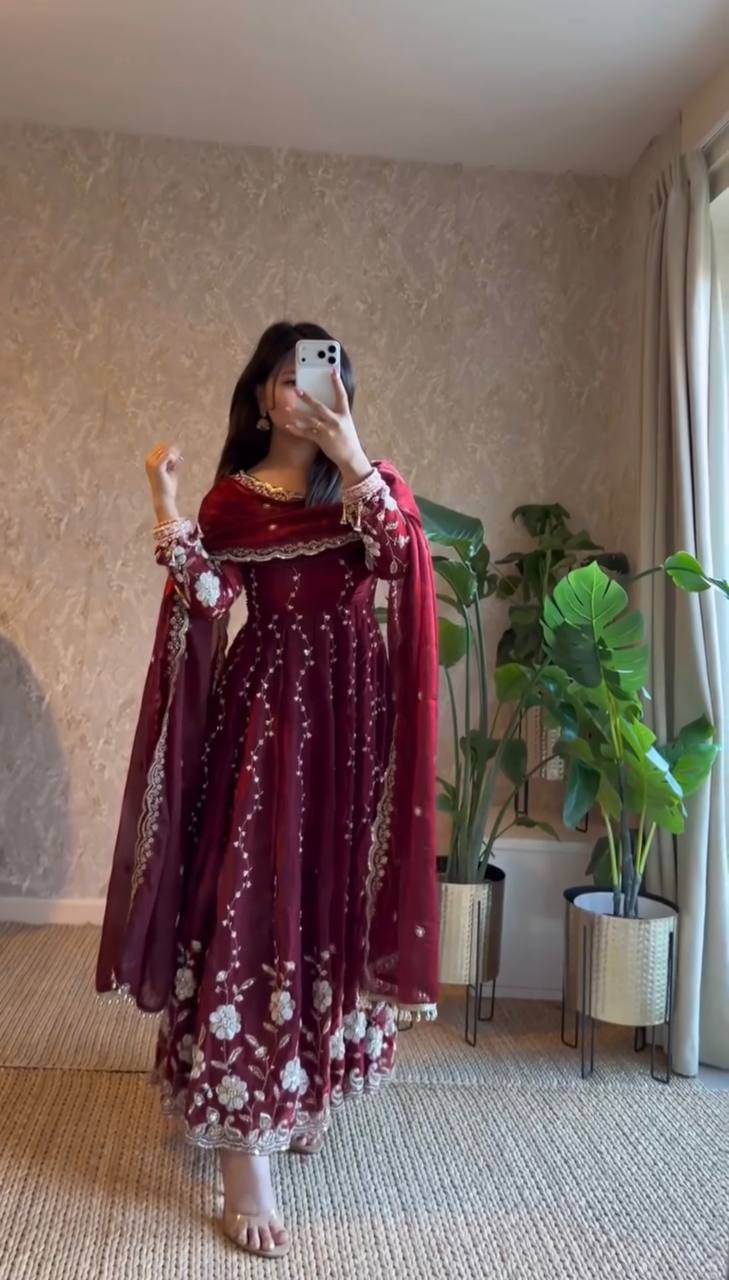 Maroon Fendy Silk Embroidered Anarkali Set with Pant and Border Work Dupatta