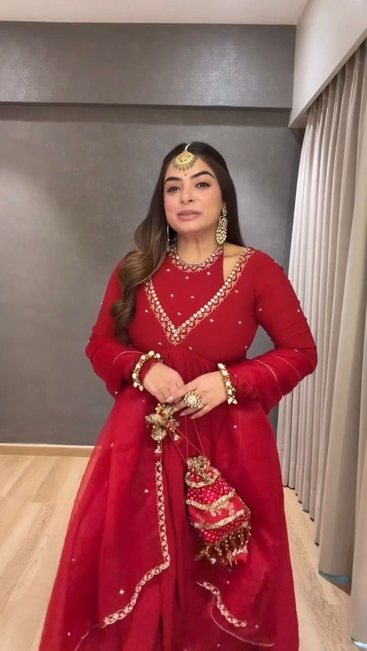 Red Chinon Silk Embroidered Top with Plazo and Lace Border Dupatta