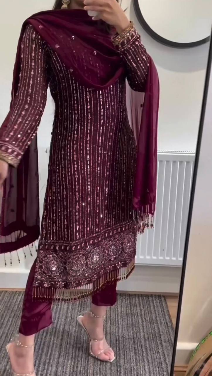 Maroon Faux Georgette Mirror Work Top with Pant and Embroidered Dupatta