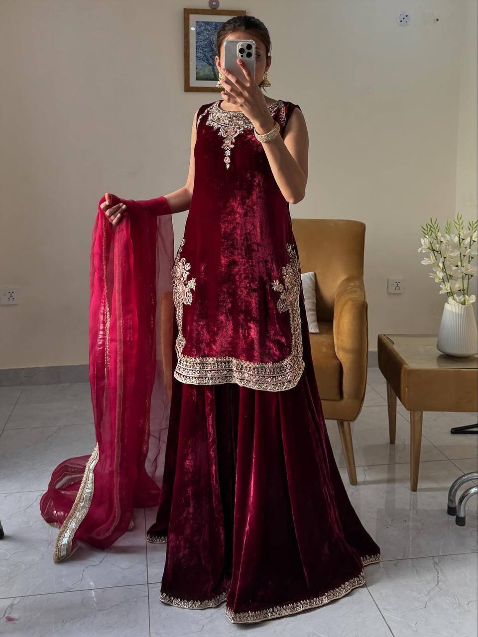 Maroon Embroidered Viscose Velvet Top with Umbrella Cut Palazzo and Soft Net Dupatta