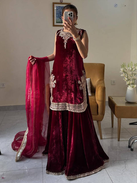 Maroon Embroidered Viscose Velvet Top with Umbrella Cut Palazzo and Soft Net Dupatta