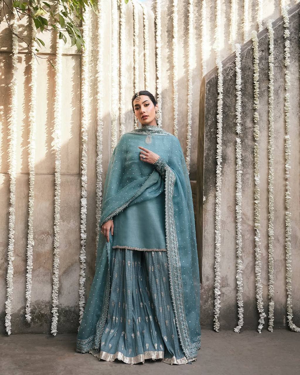 Regal Sea Blue Heavy Faux Georgette Embroidered Sharara Suit Set with Dupatta