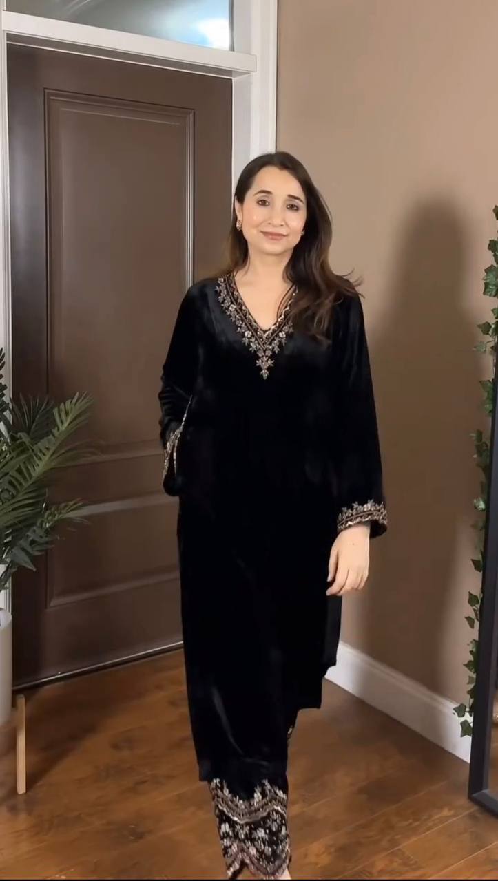 Black Viscose Velvet Thread and Sequence Work Top Pant Set