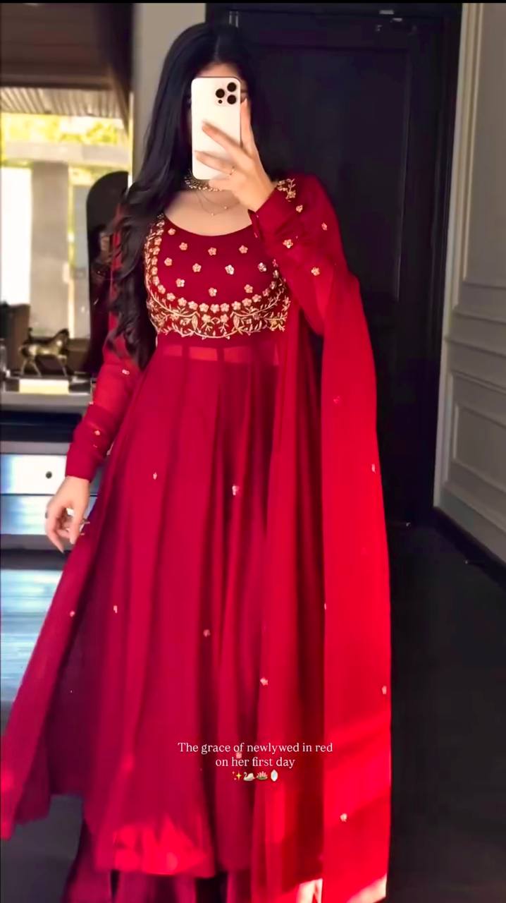 Red Heavy Faux Georgette Thread and Sequence Work Suit with Pant and Dupatta Set