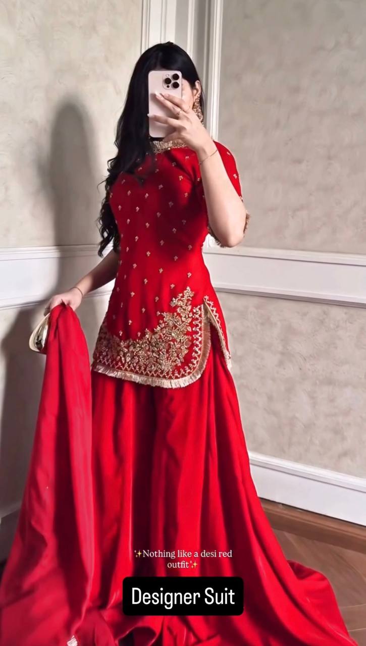 Red C by C Faux Georgette Thread and Sequence Work Sharara Set with Lace Dupatta