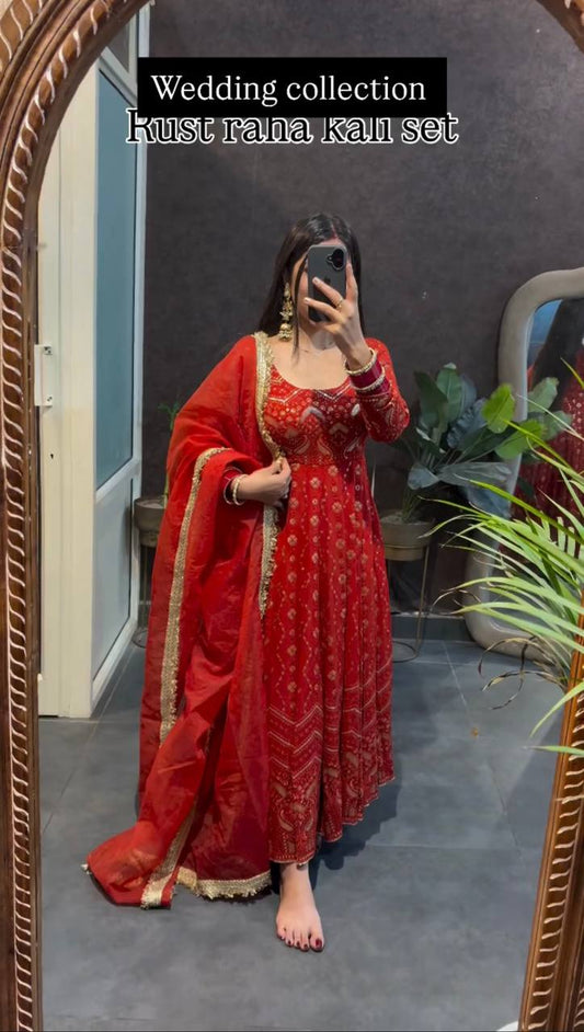 Red color Heavy Faux Georgette Thread and Sequence Work Gown with Pant and Lace Dupatta Set