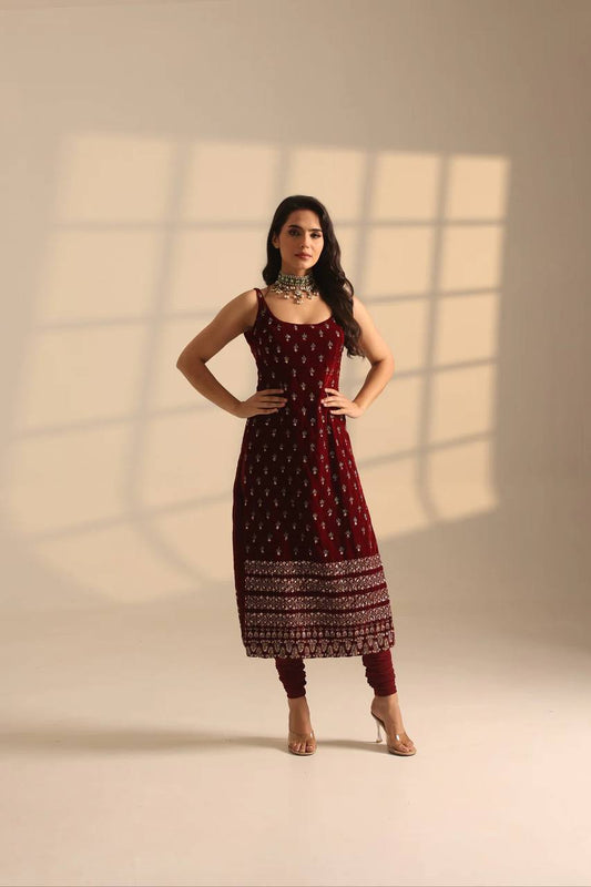 Maroon Roman Glass Thread and Sequence Work Top Pant Set with Organza Silk Dupatta
