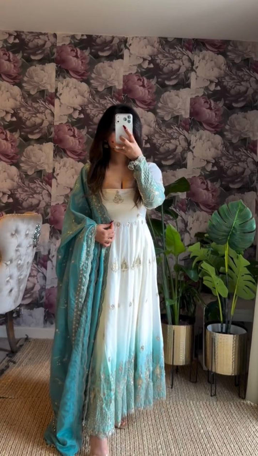 White And Rama Star Georgette Thread and Sequence Work Anarkali Set with Pant and Four-Side Border Dupatta
