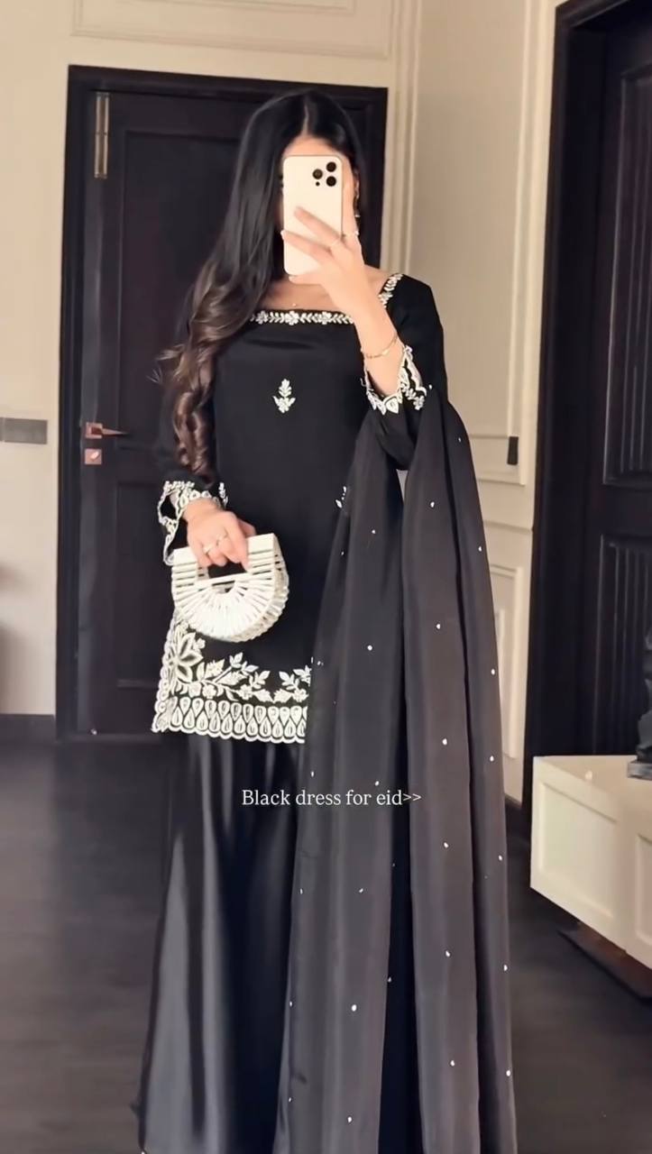 Black Heavy Natural Crepe Thread and Sequence Work Palazzo Set with Tibby Silk Moti Dupatta