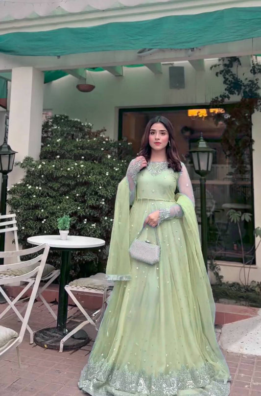 Pista Green Faux Georgette Thread and Sequence Work Gown with Lehenga and Butterfly Net Dupatta