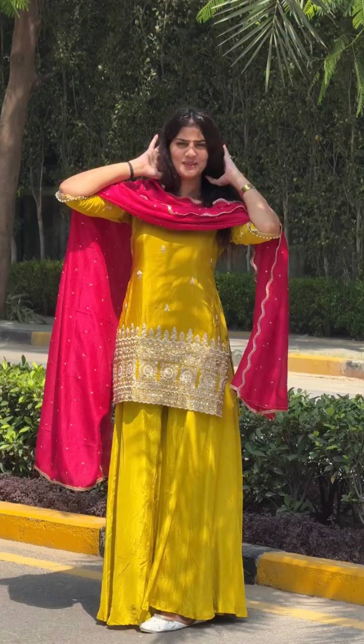 Saffron Yellow Natural Crepe Silk Thread and Sequence Work Sharara Set with Chinon Silk Dupatta