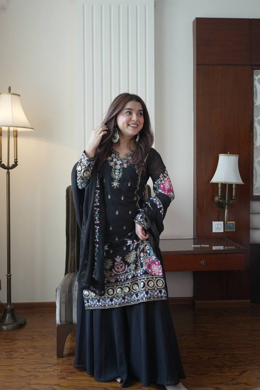 Black Fox Georgette Sequence Embroidery Kurti with Circular Palazzo and Dupatta