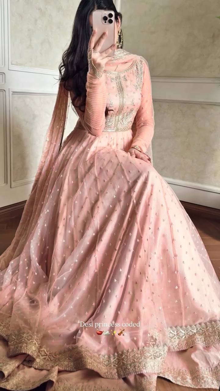 Shehzadi Pink Faux Georgette Thread and Sequence Work Gown with Lehenga and Butterfly Net Dupatta