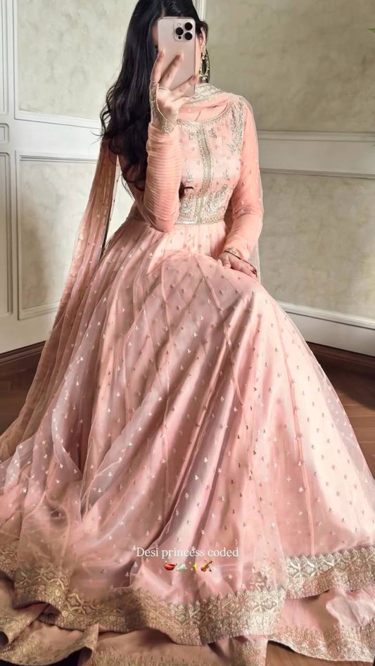 Shehzadi Pink Faux Georgette Thread and Sequence Work Gown with Lehenga and Butterfly Net Dupatta