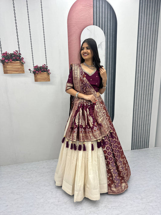 Deep Wine Pure Simar Silk Lehenga with Jacquard Silk Blouse and Jacquard Soft Silk Saree