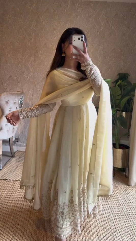 Ivory Cream Fendy Silk Thread and Sequence Work Anarkali Set