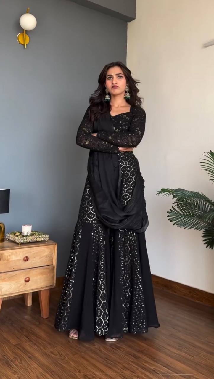 Black Faux Georgette Thread and Sequence Work Choli with Sharara and Dupatta