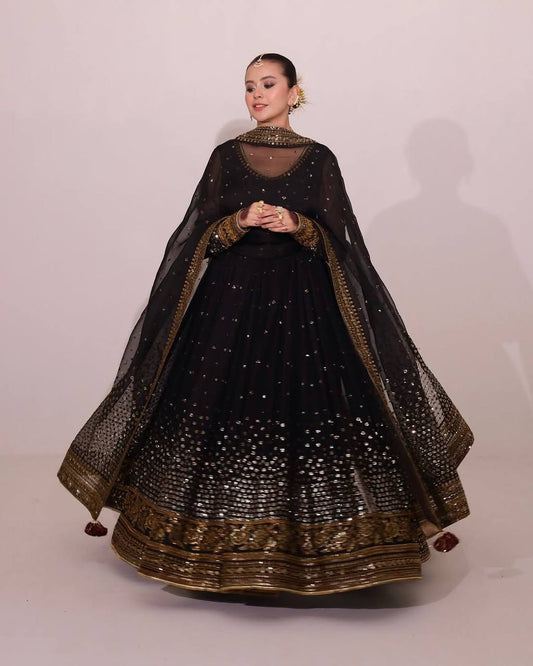 Black Soft Butterfly Net Thread and Sequence Work Anarkali Suit with Pant and Dupatta