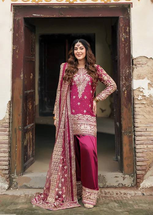 Royal Rani Pink Natural Crepe Thread and Sequence Work Top with Farshi Salwar Set