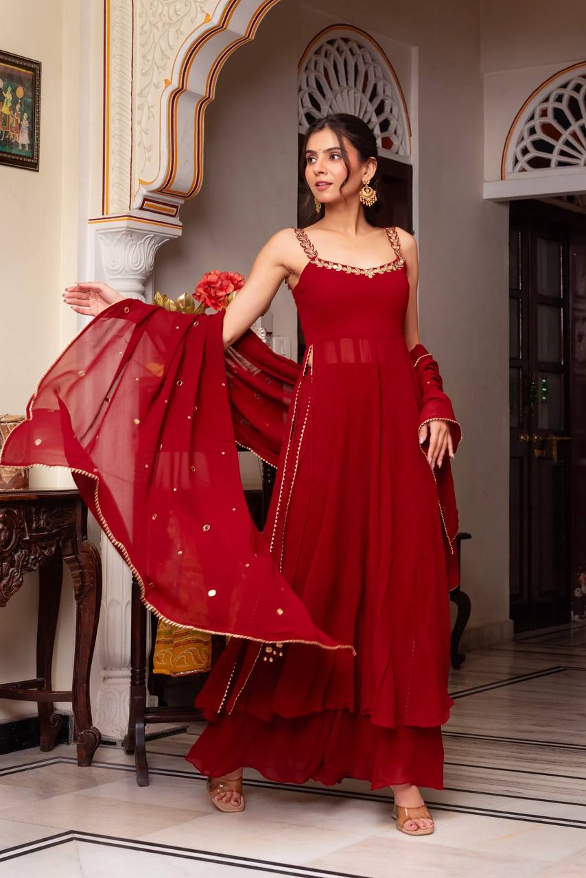 Red Faux Georgette Handwork Real Mirror Top with Palazzo and Dupatta Set