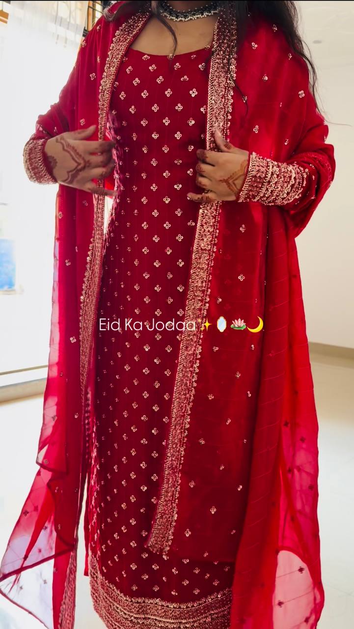 Red Silk Sequence Work Pant and Dupatta Set