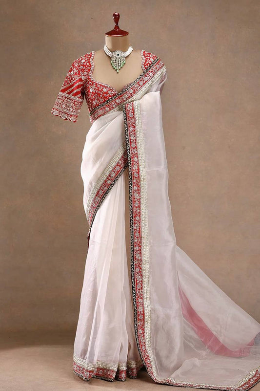 White Classic Marodi And Mirror Embroidered Saree