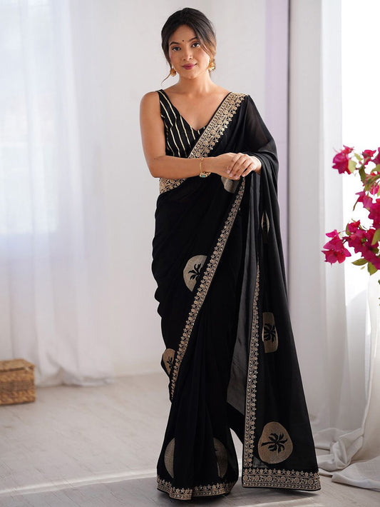 Black Silk Embelished Saree With Blouse Piece