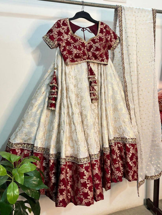 Ivory And Maroon Combination Lehenga Choli Set