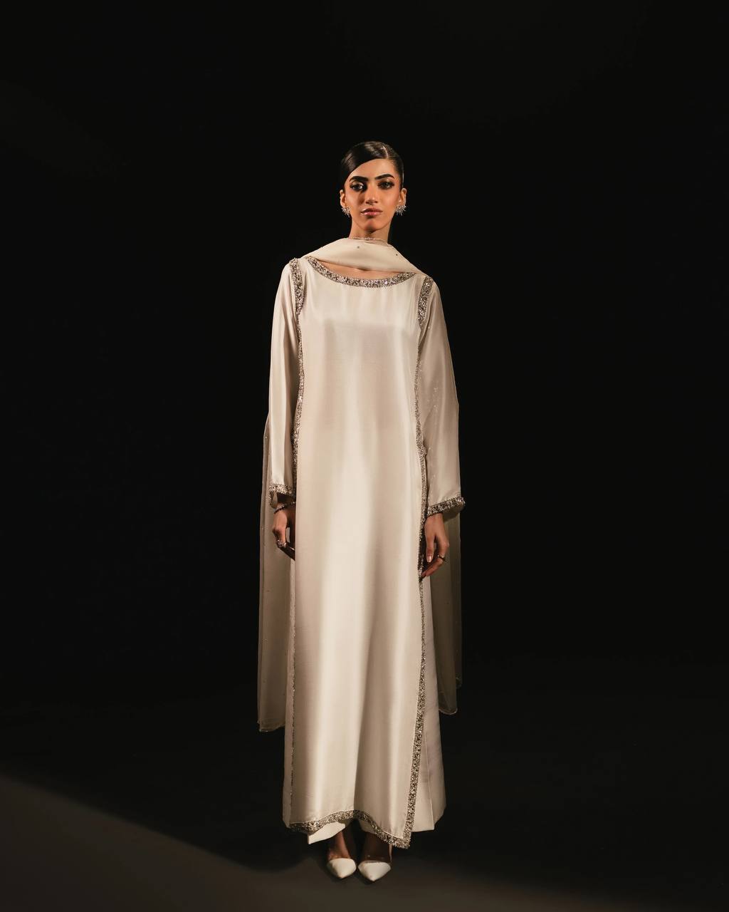 Ivory With Silver Embellished Borders Anarkali Gown Set