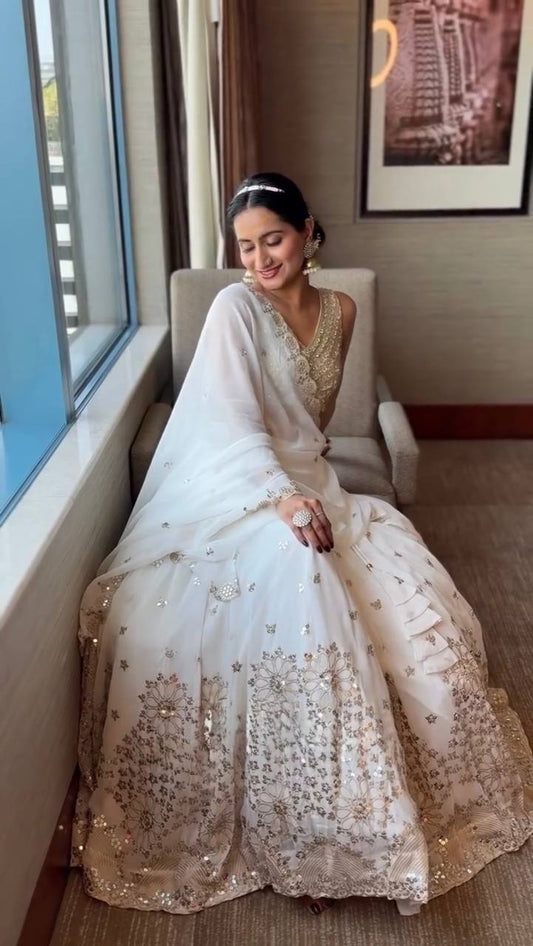 White With Golden Embellished Lehenga Choli Set