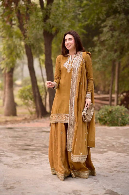 Gold Mustard Color Embroidered Kurta Sharara Set