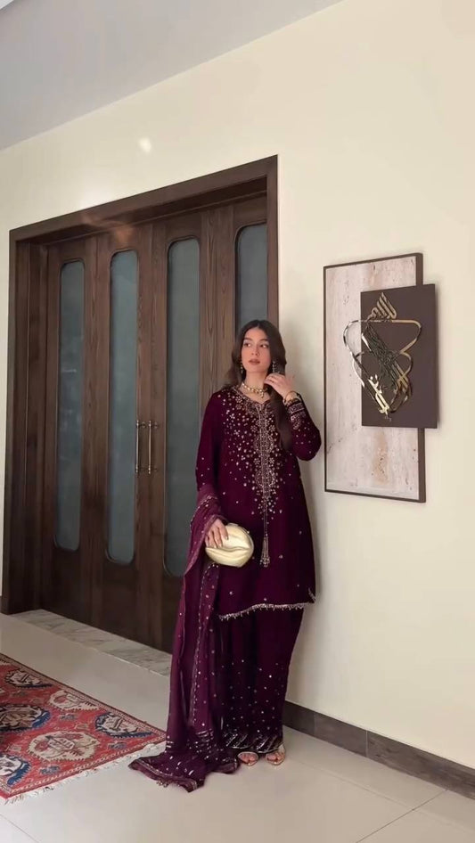 Deep Wine Embroidered Festive Suit Set