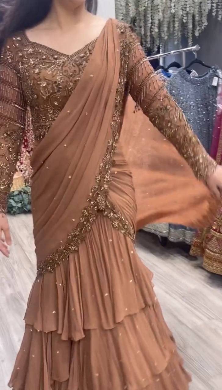 Peach Color Saree with Embroidered Blouse Set