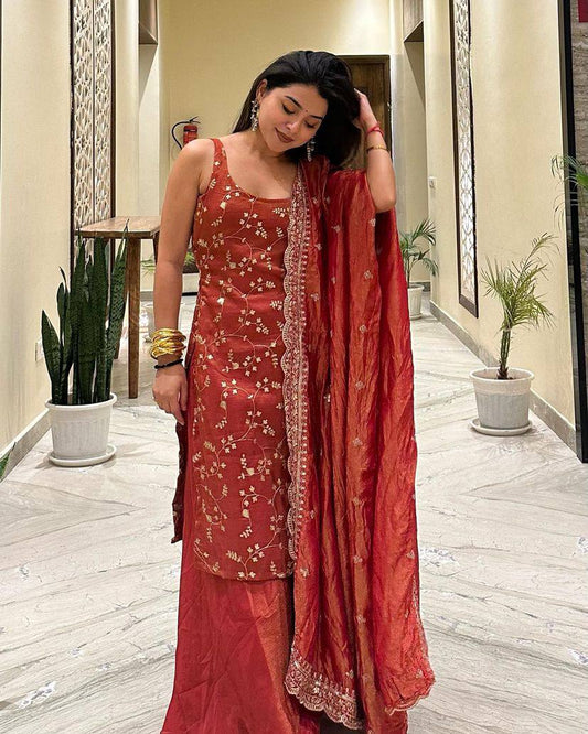 Orange heavy jimmy choo organza embroidery sequence work suit, pant and dupatta