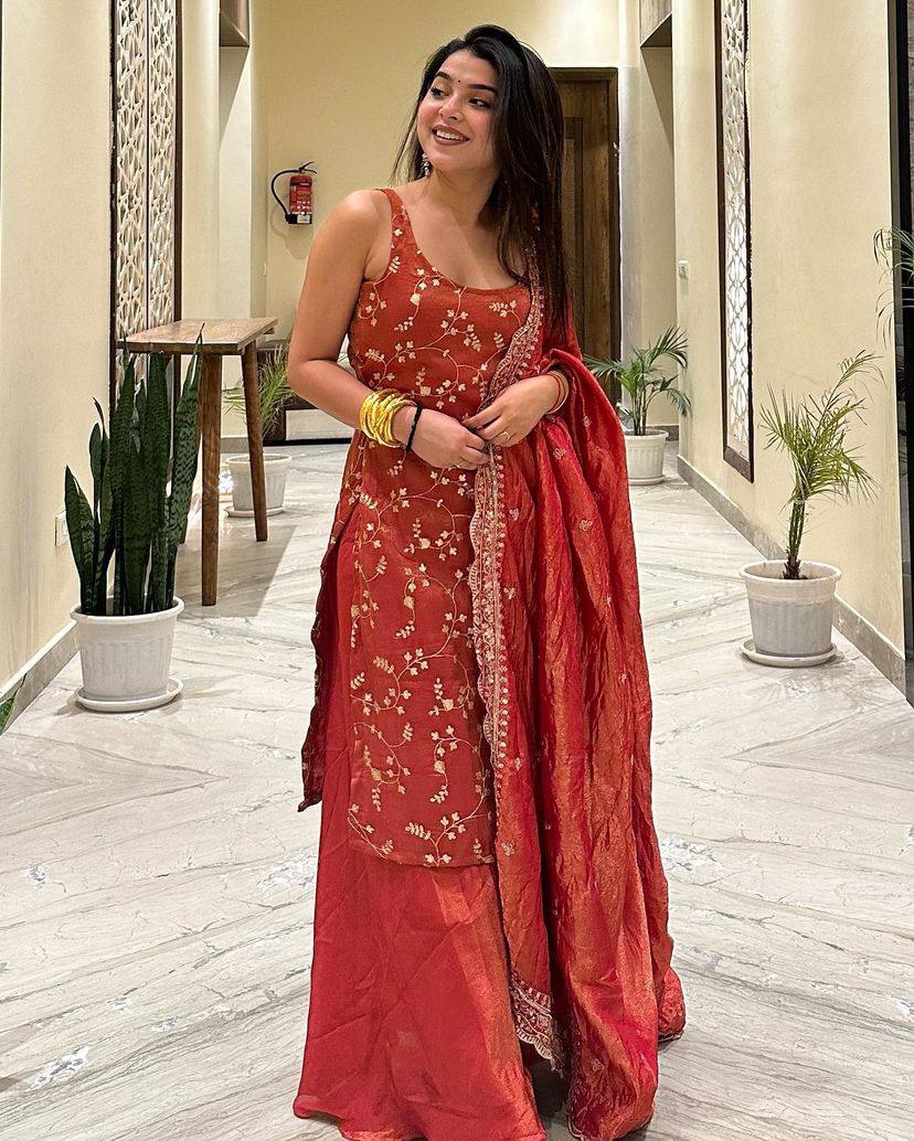 Orange heavy jimmy choo organza embroidery sequence work suit, pant and dupatta