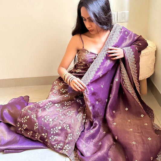 Purple heavy jimmy choo organza embroidery sequence work suit, pant and dupatta