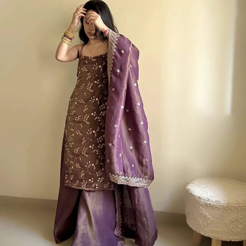 Purple heavy jimmy choo organza embroidery sequence work suit, pant and dupatta