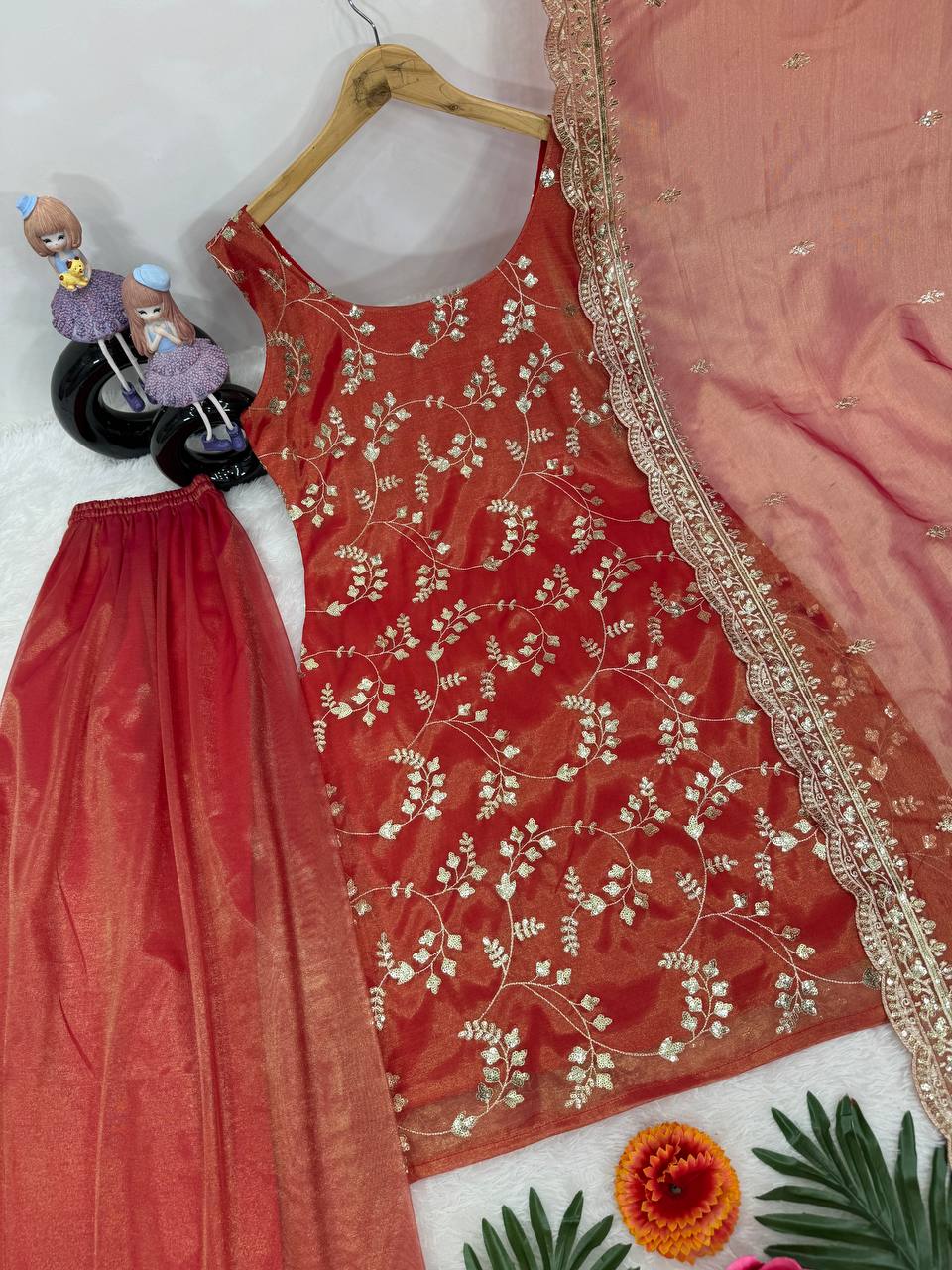 Orange heavy jimmy choo organza embroidery sequence work suit, pant and dupatta