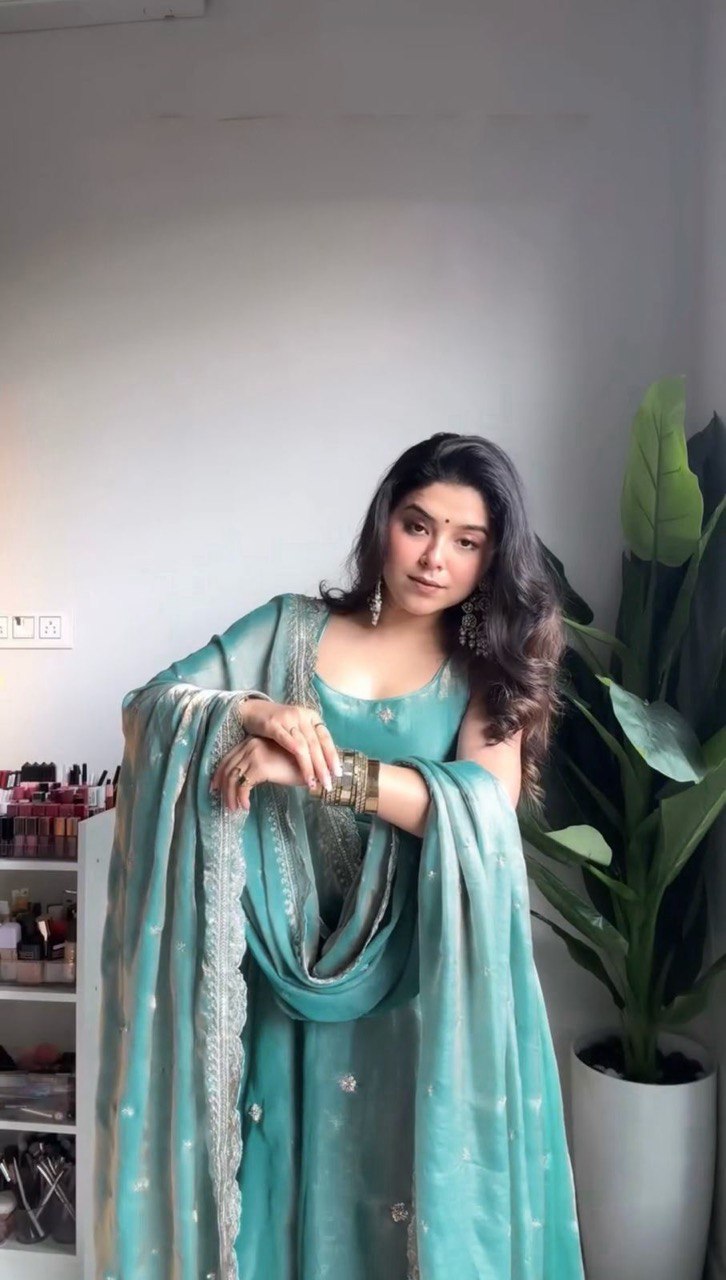 Blue fandy silk thread  with sequence top pant and dupatta set