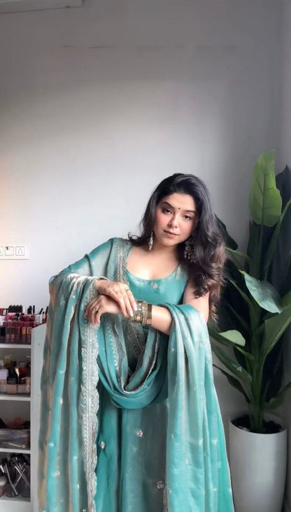 Blue fandy silk thread  with sequence top pant and dupatta set