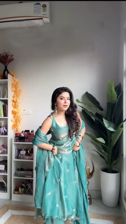 Blue fandy silk thread  with sequence top pant and dupatta set