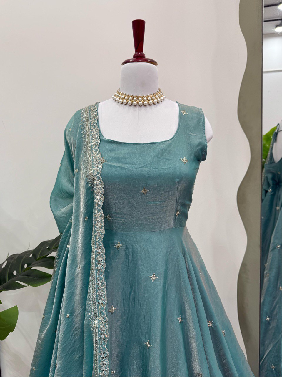 Blue fandy silk thread  with sequence top pant and dupatta set