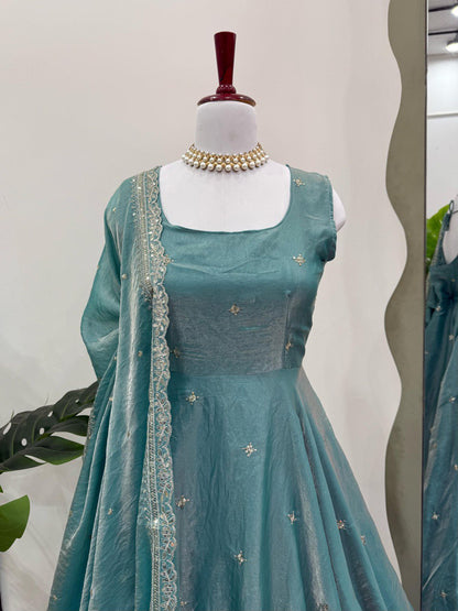 Blue fandy silk thread  with sequence top pant and dupatta set