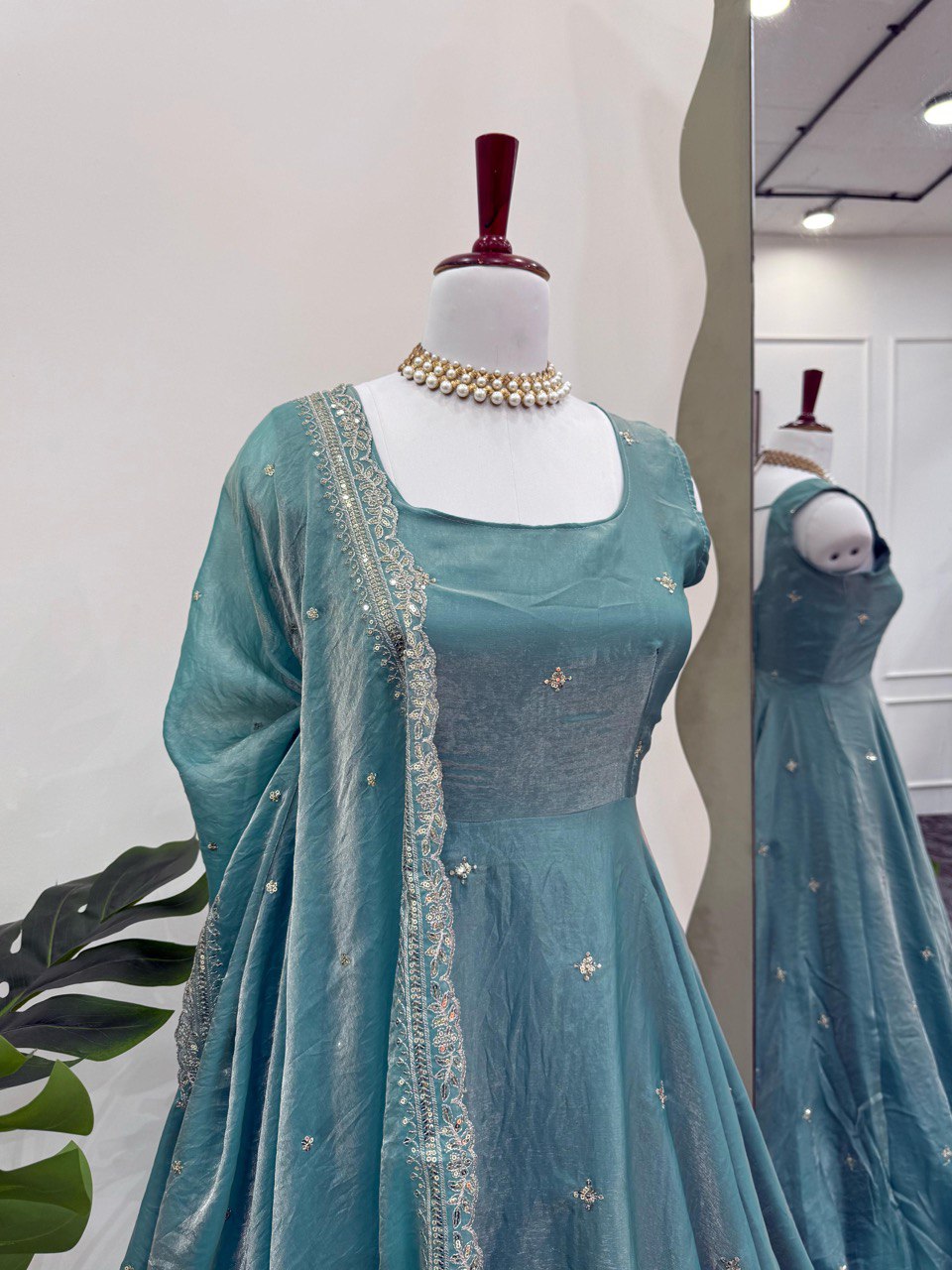 Blue fandy silk thread  with sequence top pant and dupatta set