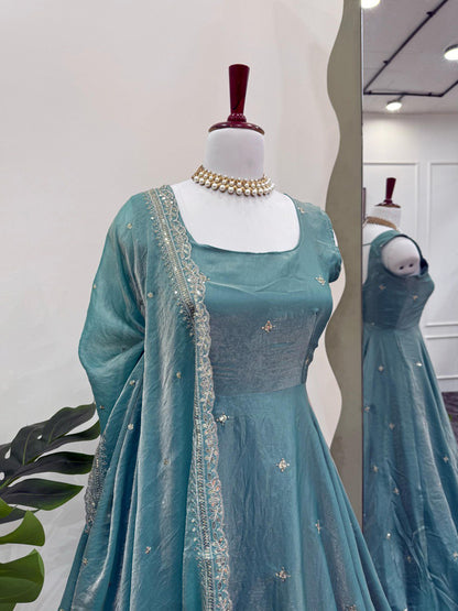 Blue fandy silk thread  with sequence top pant and dupatta set