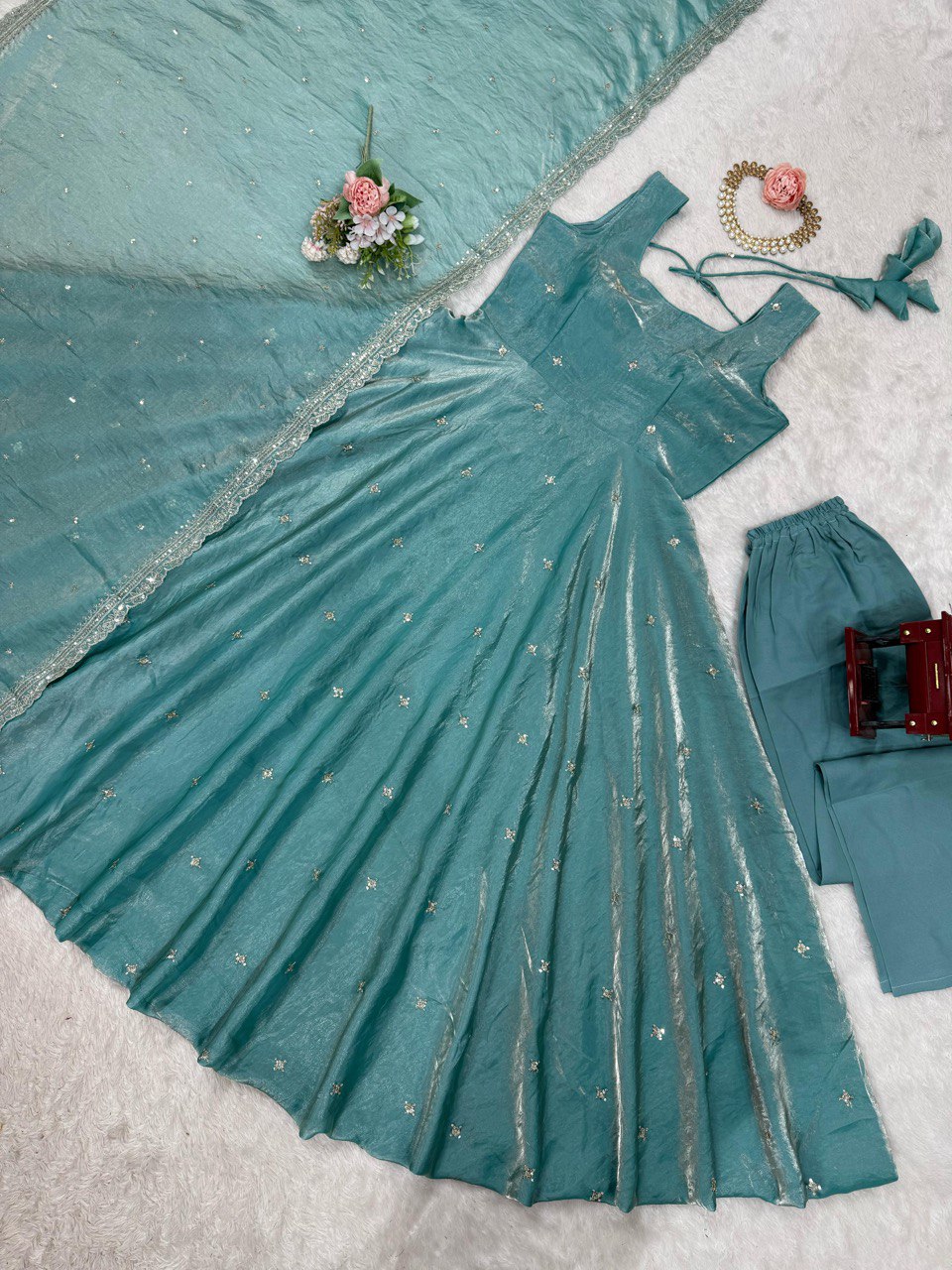 Blue fandy silk thread  with sequence top pant and dupatta set